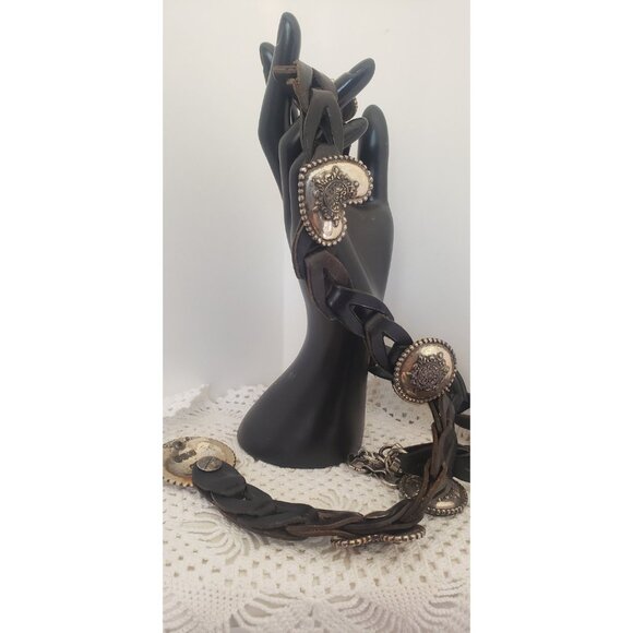 Vintage Cow Boy Belt Silver Tone Heart Shape Round Sherif Like Circles - Picture 4 of 10